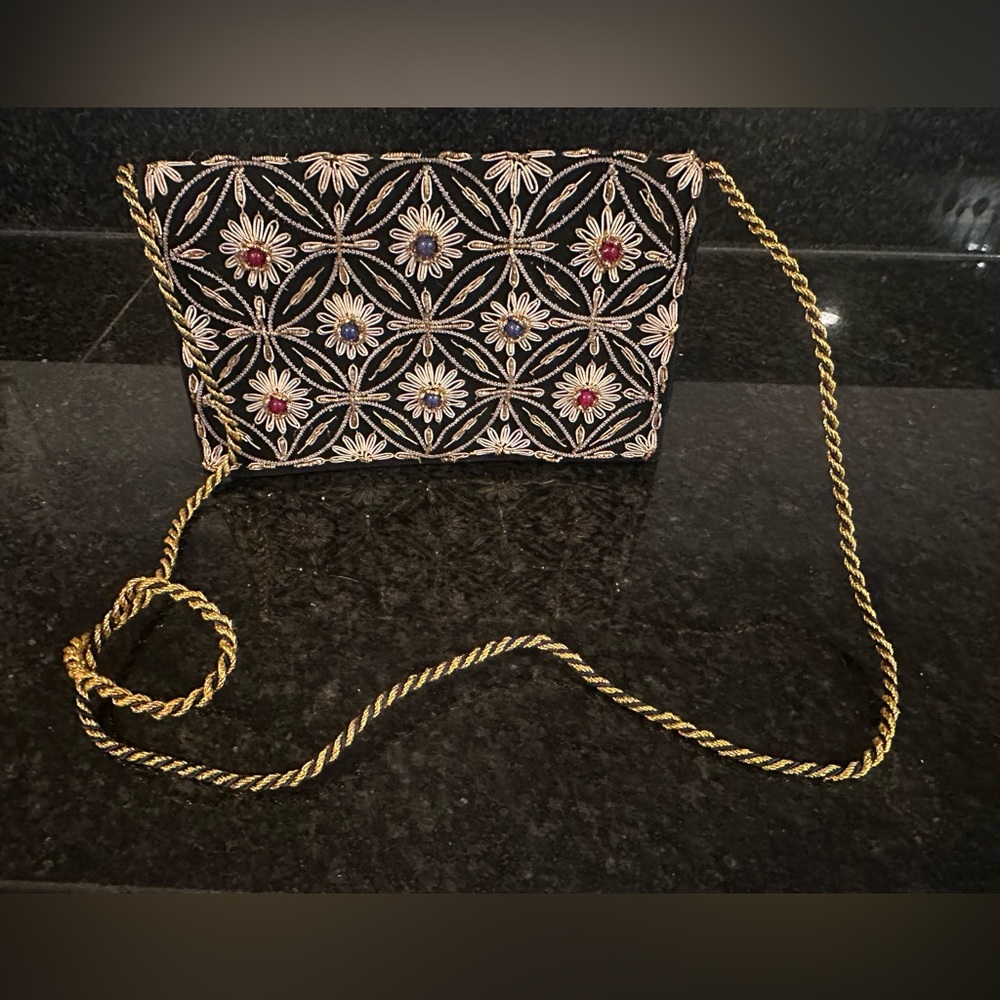 Vintage Black Velvet embroidered Gem Beaded Clutch Strap GORGEOUS!